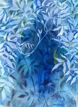 Blue and White, "Vine 2" Contemporary Botanical Mixed-Media Painting by Kathleen Ney