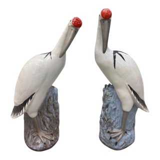 Pair of Vintage Italian Majolica Glazed Ceramic Stork / Heron Sculptures For Sale