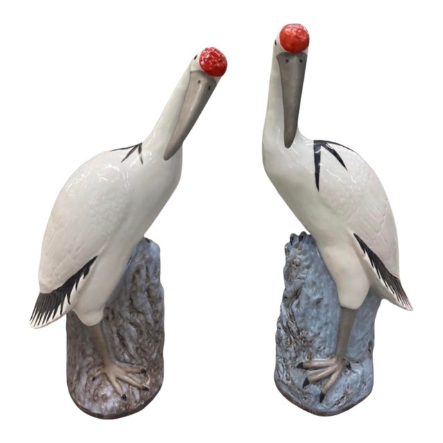 Pair of Vintage Italian Majolica Glazed Ceramic Stork / Heron Sculptures For Sale