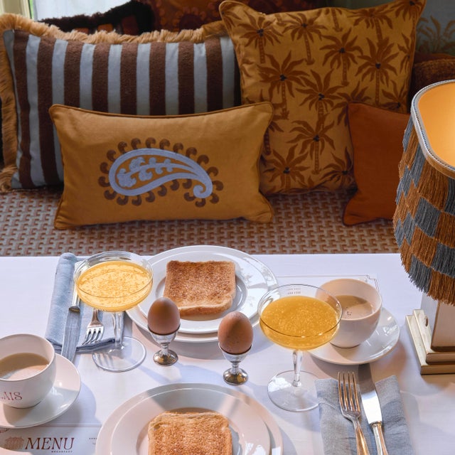 2020s Palais Double-Sided Embroidered Paisley & Stripe Throw Pillow in Smokey Blue & Raffia (20” X 12”) For Sale - Image 5 of 9