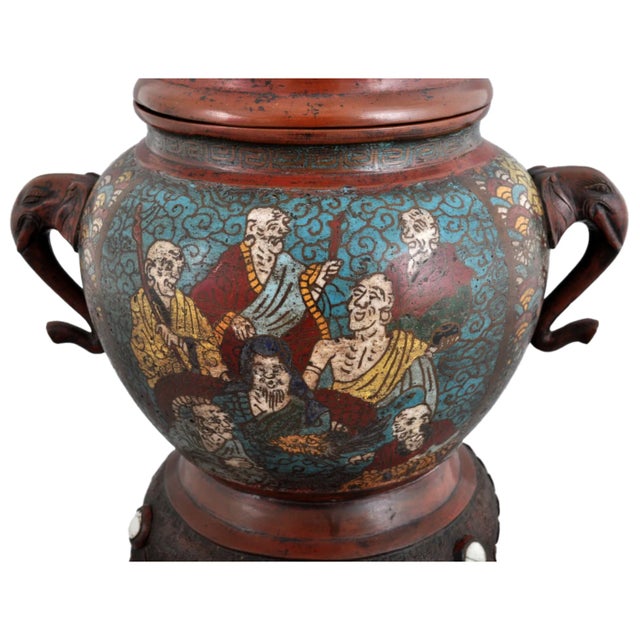 Antique Chinese Qing Dynasty Archaic Style Bronze Enamel Champlevé Censer 1900 For Sale - Image 11 of 12