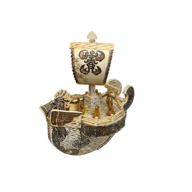 Vintage Asian Cream Bone Inset Treasure Ship Display Art Figure For Sale In San Francisco - Image 6 of 16