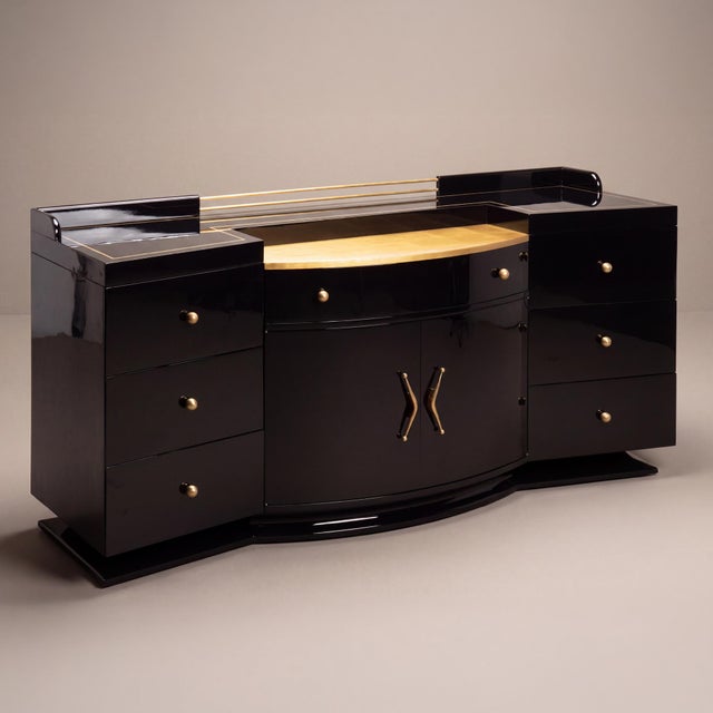 Art-Deco Bar Cabinet in High-Gloss Piano Black With Brass Hardware & Gold Leaf For Sale - Image 4 of 9