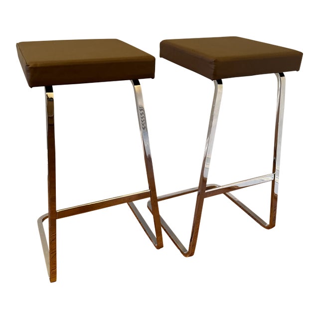 Knoll Four Seasons Chrome and Leather Barstools - Set of 2 For Sale