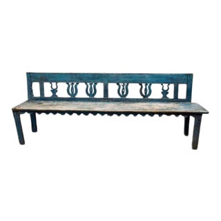 Vintage Mid Century Blue Hand-Carved Long Bench For Sale