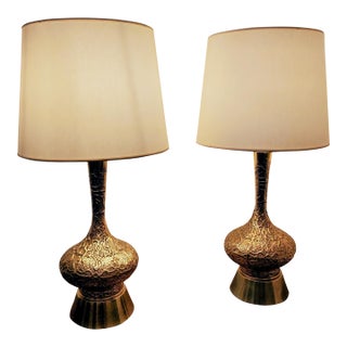 Vintage Mid-Century Modern Brass Filigree Scroll Lamps Moroccan Boho Souk Style - a Pair For Sale