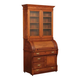 Antique 19th Century Victorian Oak Cylinder Roll Secretary Desk For Sale