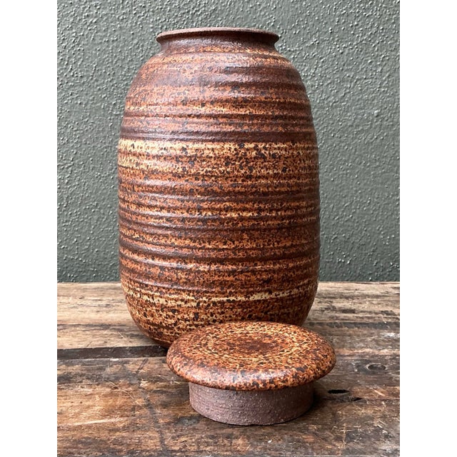 Brown Vintage Original Studio Pottery Striped Lidded Vase For Sale - Image 8 of 12