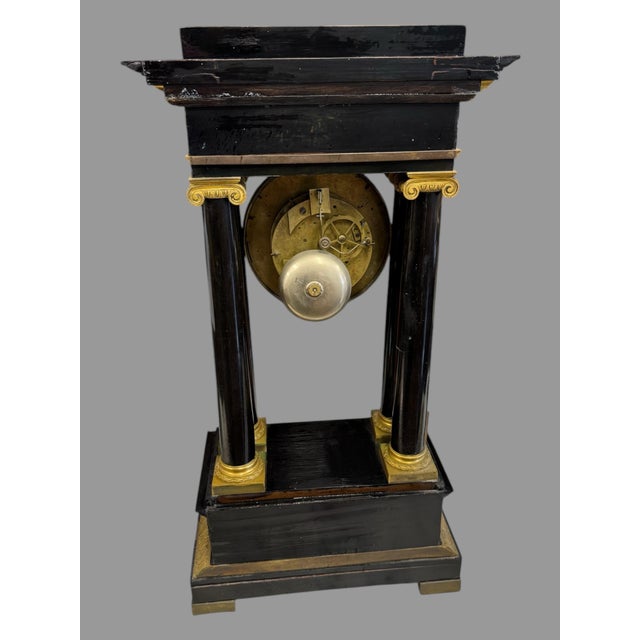Wood Antique French Empire Ebonized & Ormolu Decorated Portico Mantel Clock For Sale - Image 7 of 12