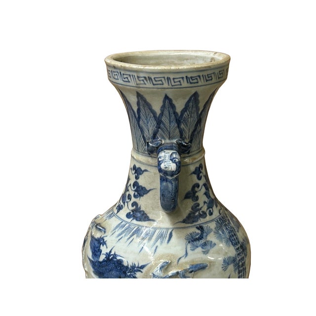 Oriental Distressed White Blue Relief People Motif Porcelain Art Vase For Sale - Image 11 of 15