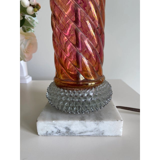 Pink Vintage Pink Iridescent Spiral Column and Clear Hobnail Glass Table Lamp With Marble Base For Sale - Image 8 of 13