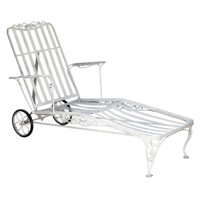 Antique Garden Chaise Lounge in Iron W/ Wheels. Attributed to John Salterini For Sale In Los Angeles - Image 6 of 11