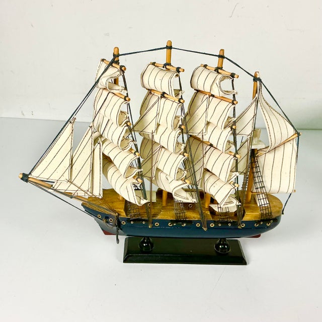 Mid-Century Nautical Coastal Boho Chic Wood Four Tall Mast Ship Model For Sale - Image 6 of 16