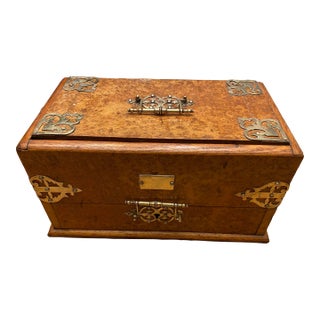 Antique Cigar Companion Box Burled Walnut Wood, Brass Bound, 1800s For Sale