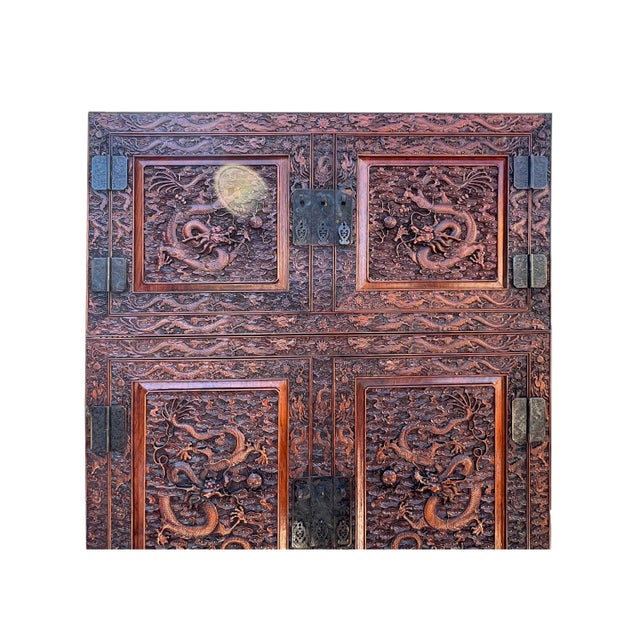 Brown Chinese Brown Huali Dragons Motif Tall Stack Compound Cabinet Armoire For Sale - Image 8 of 11