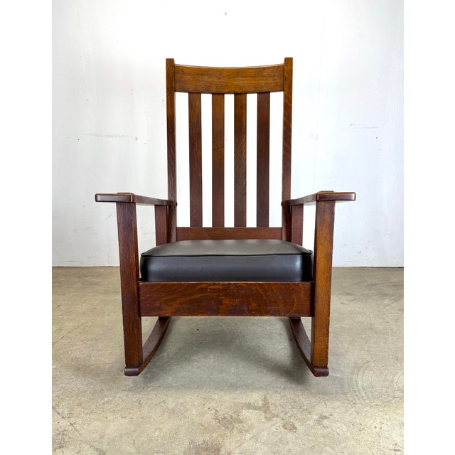 Antique Stickley Brothers Mission Oak Arts & Crafts Rocking Chair New Leather Seat For Sale In New York - Image 6 of 12