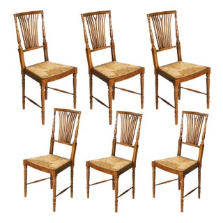 Chiavarine Chairs in Walnut with Straw Seat by Gaetano Descalzi, 1960s, Set of 6 For Sale