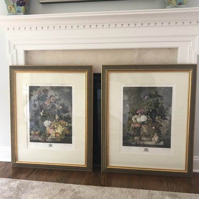 Beautifully framed large scale classical italian fruits and flora prints. The pair are beautifully hand colored with...