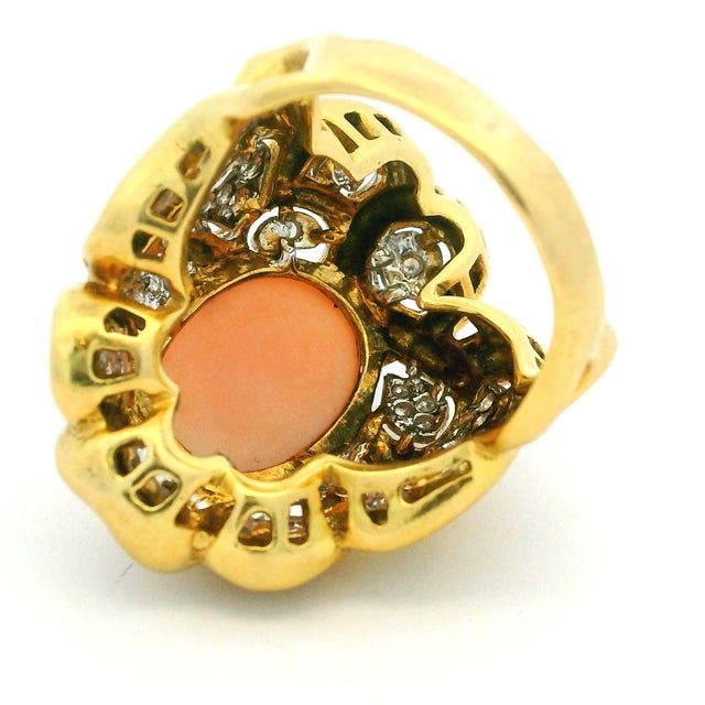 Vintage Italian Angel Skin Coral and Diamond Cocktail Ring in 18k Yellow Gold, Size 9 For Sale - Image 14 of 15