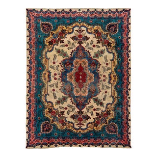 Vintage Hand-Knotted Blue Wool Rug Persian Tabriz With Medallion Design For Sale