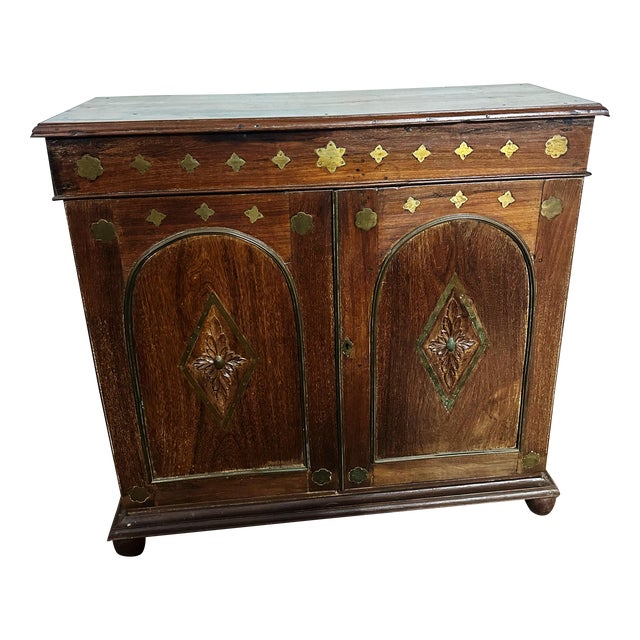 Carved Rosewood Hall Cabinet With Brass Inlay in Colonial Anglo-Indian Style For Sale