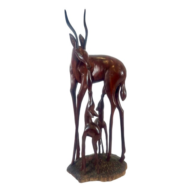 Large Vintage Mahogany Carved Antelope or Gazelle Floor Sculpture, 20th Century For Sale