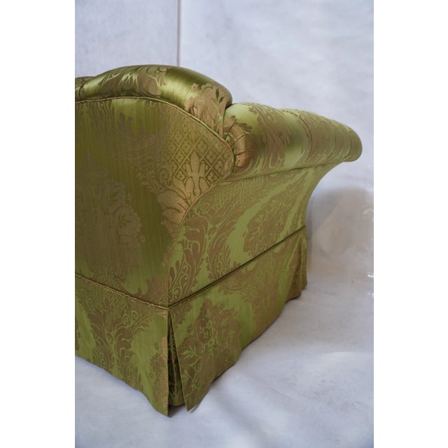 Wood Pair of Custom Curved Back Tufted Damask Sofas Includes Additional Silk Velvet Slipcovers For Sale - Image 7 of 18