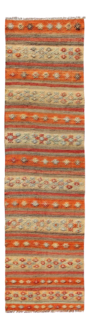 Colorful Vintage Turkish Kilim Runner With Stripes and Geometric Embroideries
