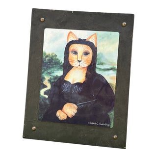 1990s Cat Mona Lisa Art on Canvas Frame Reproduction For Sale