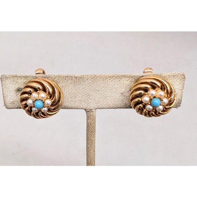 Boucher Vintage 1960s Signed Boucher Round Goldtone Faux-Pearl & Turquoise Clip Earrings-2 Pieces For Sale - Image 4 of 8