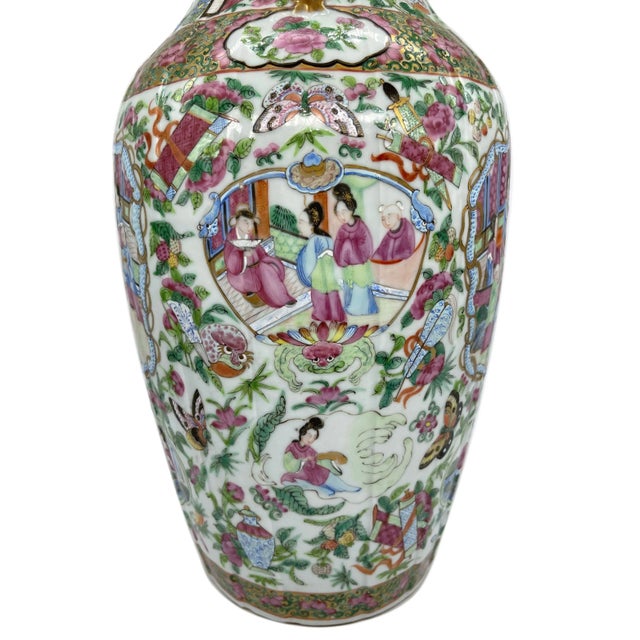 Canton Famille Rose Mandarin Vase, Fluted Body and Castellated Top, Ca. 1840 For Sale - Image 9 of 13