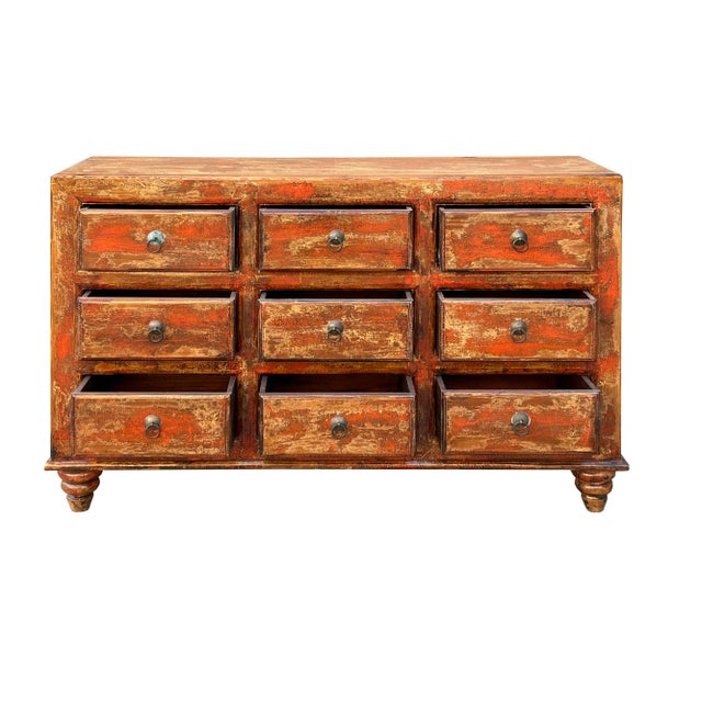 Chinese Distressed Orange Brown 9 Drawers Dresser Cabinet For Sale - Image 4 of 11