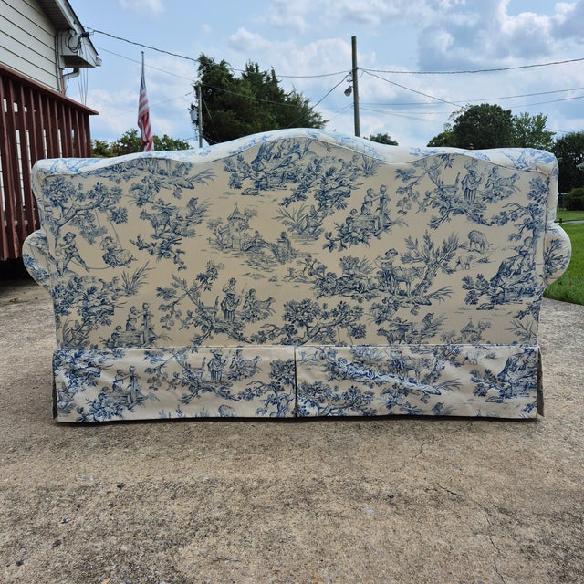 Antique Blue & White Toile De Jouy Camel Back Loveseat Rolled Arms Pleated Skirt For Sale - Image 9 of 16