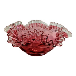 Vintage Fenton-Style Cranberry Thumbprint Pattern Ruffled Rim Glass Bowl For Sale