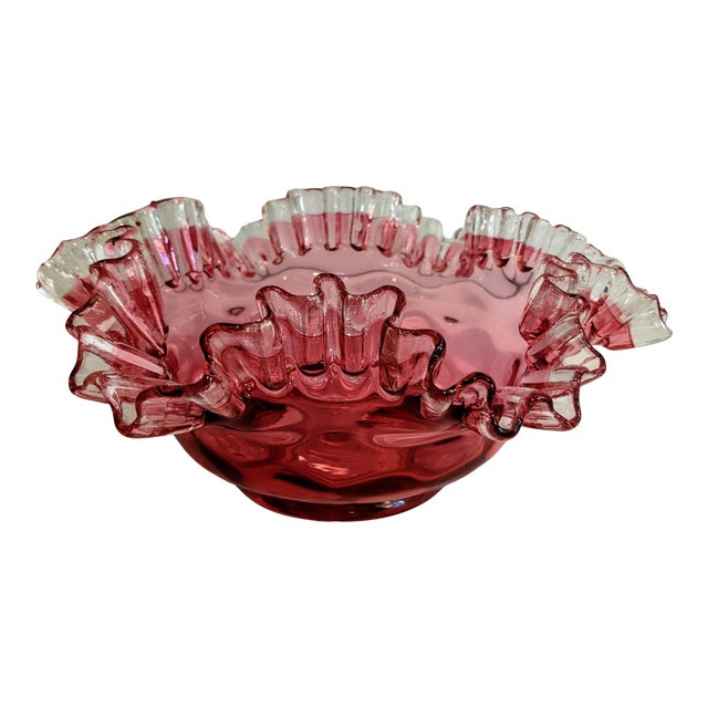 Vintage Fenton-Style Cranberry Thumbprint Pattern Ruffled Rim Glass Bowl For Sale