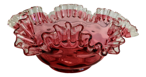 Vintage Fenton-Style Cranberry Thumbprint Pattern Ruffled Rim Glass Bowl