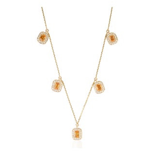 Modern 2.24ct Citrine & Diamond Halo Station Charm Necklace in 14k Yellow Gold For Sale