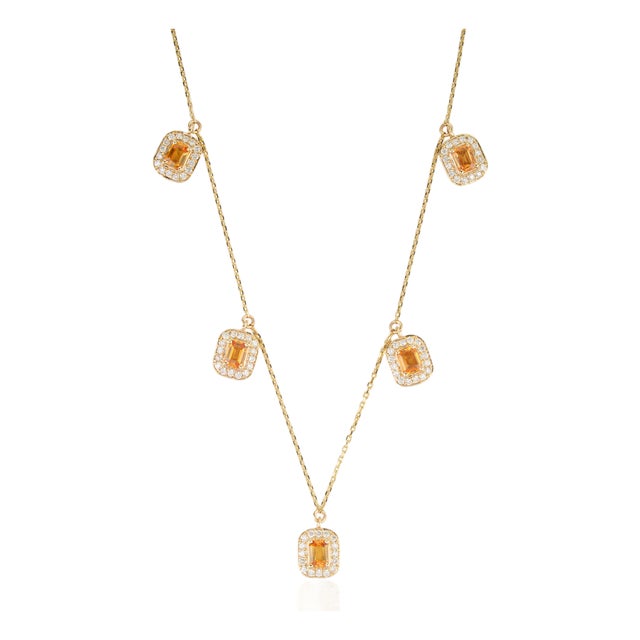 Modern 2.24ct Citrine & Diamond Halo Station Charm Necklace in 14k Yellow Gold For Sale
