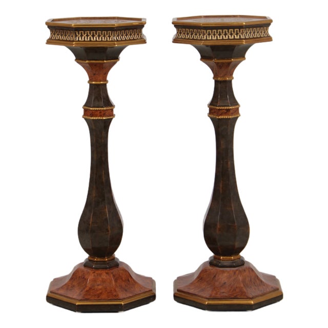 Pair of Burl Wood Regency Empire Black & Gold Pedestal Stands For Sale
