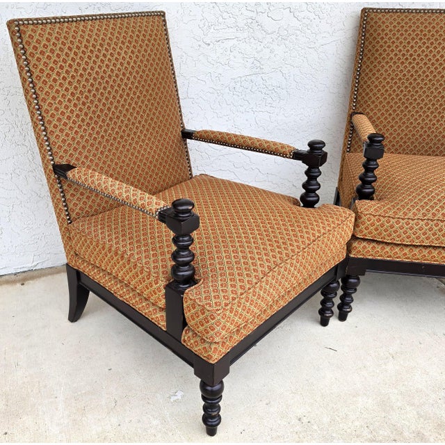 Jacobean Louis XIII Style Bobbin Turned Lounge Armchairs Ebonized Nailhead Pair For Sale - Image 9 of 15