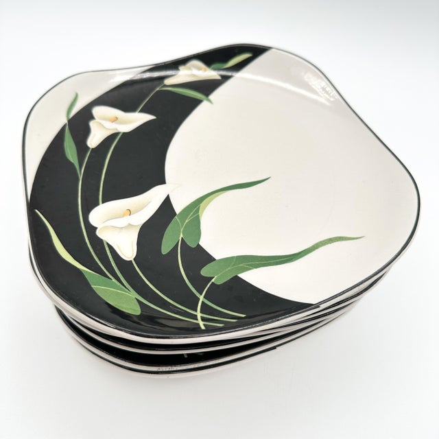 Sango Quadrille Semi-Porcelain Black Lilies #5101 Snack Plates (6) Made in Korea A very 80s aesthetic. Bold glossy black...