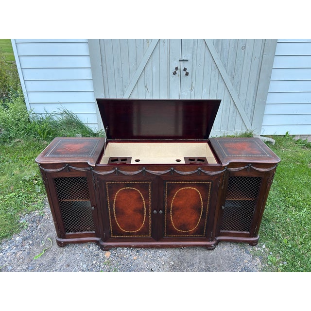 Vintage Carved Mahogany Sideboard / Bar Cabinet With Gold-Tooled Leather For Sale - Image 12 of 12