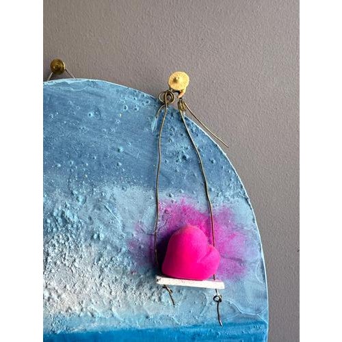 Modeling clay and granular paste relief on a ping pong racket finished in acrylic, a compact mixed-media wall relief that...