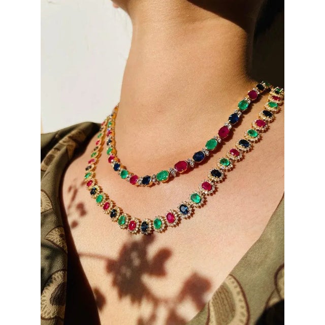 Art Deco Certified Precious Gemstone Wedding Necklace With Diamonds in 18k Yellow Gold For Sale - Image 3 of 16