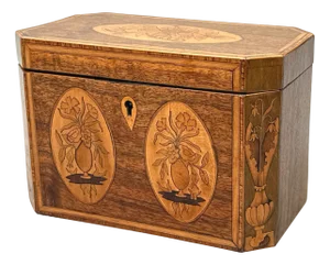 Georgian Mahogany Tea Caddy with Floral Inlaid Decoration, 1780s
