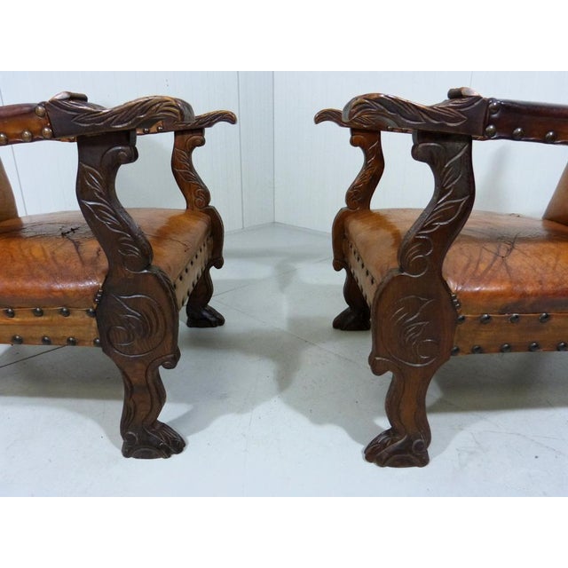 Set of Antique Leather Armchairs with Carps Print, 1890s For Sale - Image 3 of 18