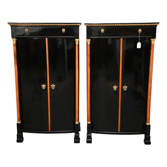 Pair of 19th Century Black Lacquered Biedermeier 2 Door Tall Cabinets For Sale