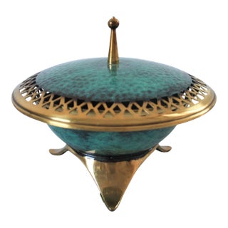 Vintage Oppenheim Handmade Brass & Turquoise Enamel Judaica Lidded Trinket Dish - Israel For Sale