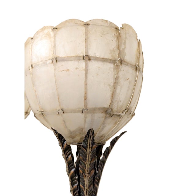 1900 - 1909 Pair of Antique Ealy 1900's Art Nouveau Cast Metal Torchiere Floor Lamps With Capiz Shell Tulip Shades For Sale - Image 5 of 11
