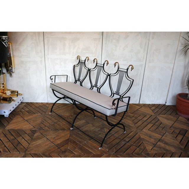 1950s Iron Lyre Back Settee With Brass Swan Heads & Paw Feet by Samuel Copelon For Sale In Los Angeles - Image 6 of 18
